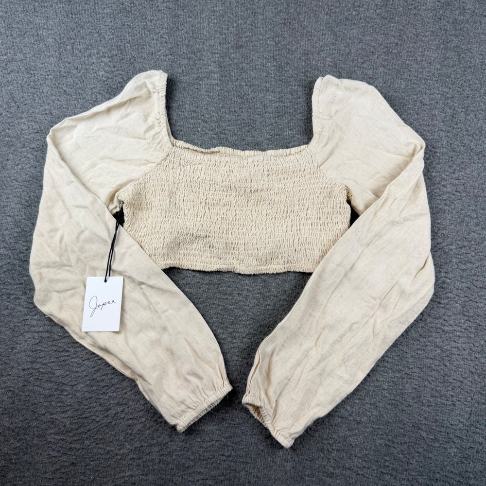 Japna Smocked Crop Top Women's Medium Beige Long Puff Sleeve Square Neck 10227S